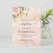 Invitation Baptême rose or floral eucalyptus argent éclat (Debout devant)