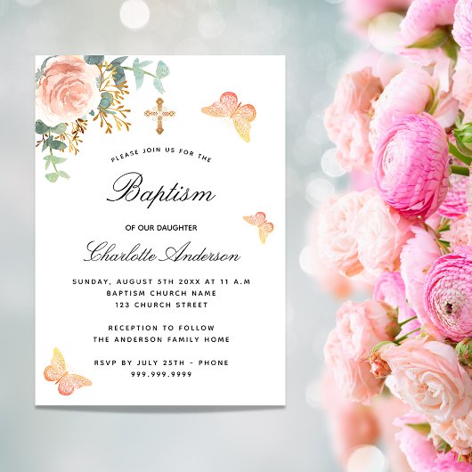 Invitation Baptême rose or floral papillon eucalyptus