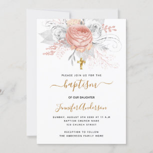 Invitation Baptême rose or florales fille élégant blanc