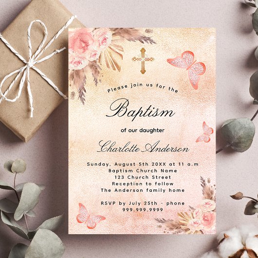 Invitation Baptême rose or rose papillon pampas luxe