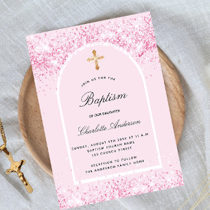 Invitation Baptême rose parties scintillant arche fille croix