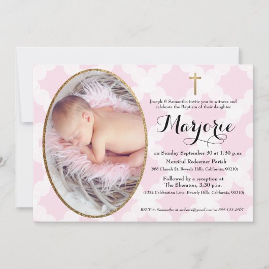 Invitation Baptême rose photo Croix d'or (Devant)