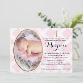 Invitation Baptême rose photo Croix d'or (Debout devant)