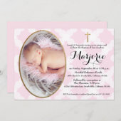 Invitation Baptême rose photo Croix d'or (Devant / Derrière)