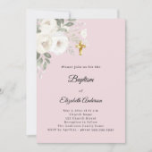 Invitation Baptême rose poudré fleurs blanches fille (Devant)