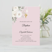 Invitation Baptême rose poudré fleurs blanches fille (Debout devant)