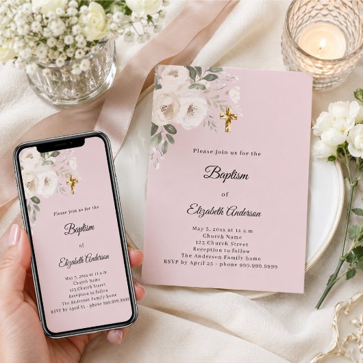 Invitation Baptême rose poudré fleurs blanches fille