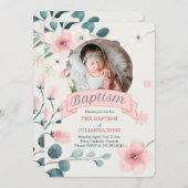Invitation Baptême rose pour les fleurs de la Pêche de bébé (Devant / Derrière)