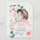 Invitation Baptême rose pour les fleurs de la Pêche de bébé (Devant)