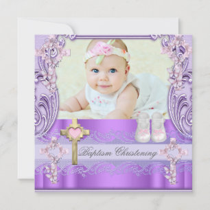 Invitation Baptême Rose Purple Cross Girl Photo Christening