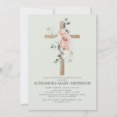 Invitation Baptême Rose Rose Dusty Sage Vert Eucalyptus (Devant)