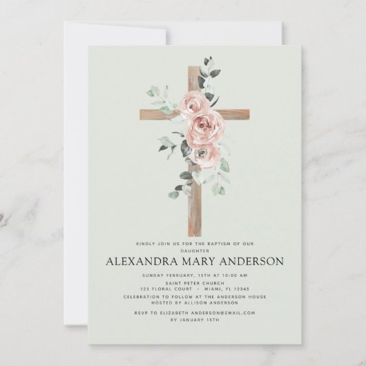 Invitation Baptême Rose Rose Dusty Sage Vert Eucalyptus (Devant)