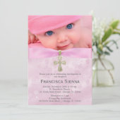 Invitation Baptême rose Roses avec photo (Debout devant)