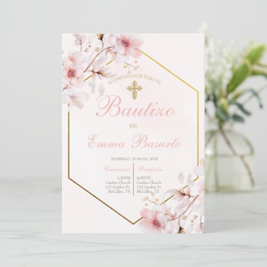 Invitation Baptême rose rousse fille (Debout devant)