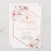 Invitation Baptême rose rousse fille (Devant / Derrière)