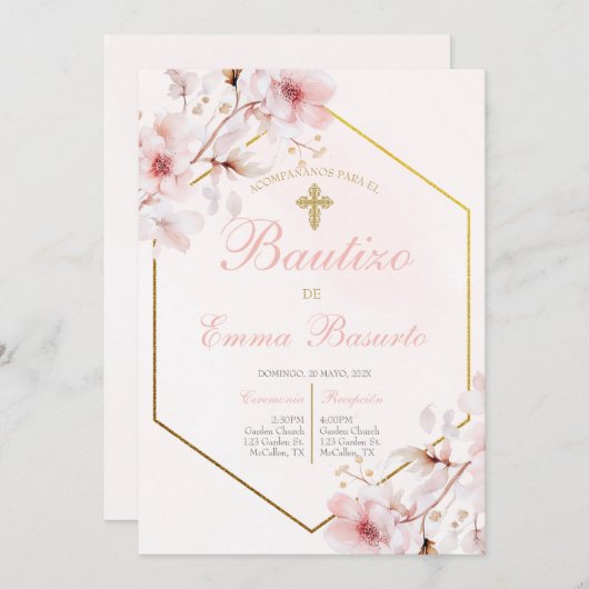 Invitation Baptême rose rousse fille (Devant / Derrière)