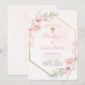 Invitation Baptême rose rousse fille (Devant / Derrière)