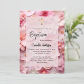 Invitation Baptême rose rousse fleurs bébé fille (Debout devant)