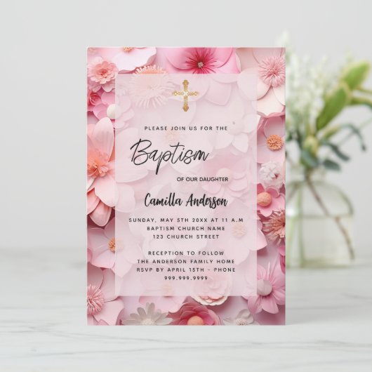 Invitation Baptême rose rousse fleurs bébé fille (Debout devant)