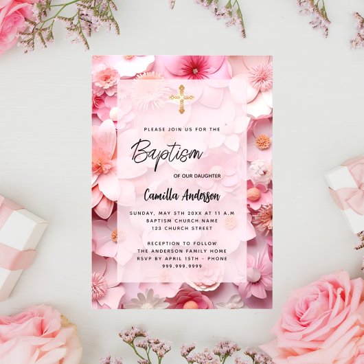 Invitation Baptême rose rousse fleurs bébé fille luxe