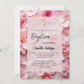 Invitation Baptême rose rousse fleurs bébé fille luxe (Devant)