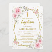 Invitation Baptême rose rousse florales papillon fille (Devant / Derrière)