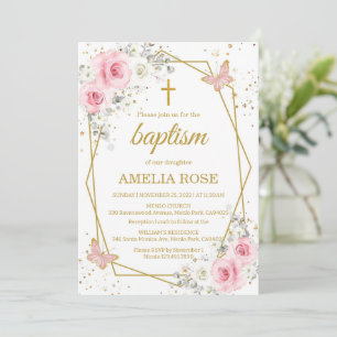 Invitation Baptême rose rousse florales papillon fille