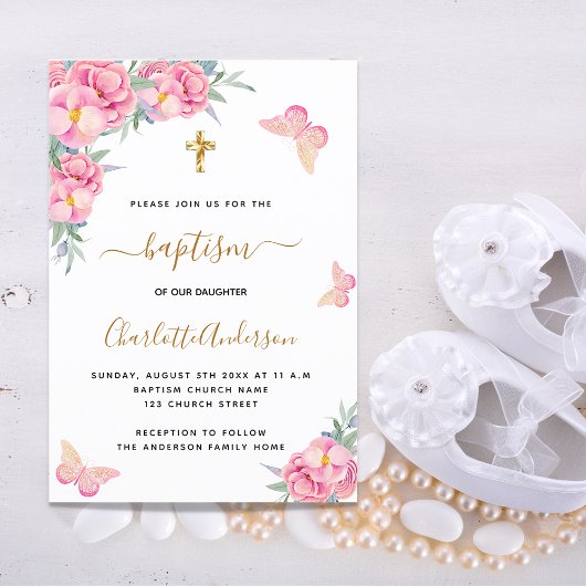 Invitation Baptême rose rousse florales papillon fille