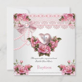 Invitation Baptême rose Silver Coeur Croix Fille Rose 5 (Devant)