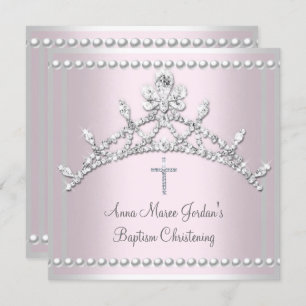Invitation Baptême rose Tiara argent blanc Pearl Diamond