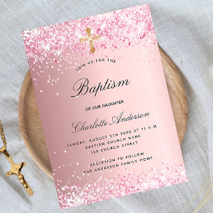 Invitation Baptême rose vif fille parties scintillant croiser
