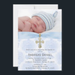 Invitation Baptême Roses bleus avec photo<br><div class="desc">Il y a dans différents arrière - plans et clipart. Copyright ©Delighful Doodles</div>
