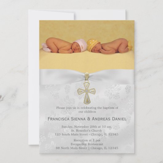 Invitation Baptême Roses d'argent avec photo (Devant)