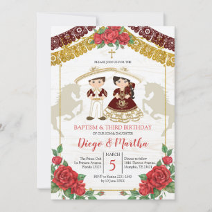 Invitation Baptême rouge mexicain jumeau en Bourgogne et anni