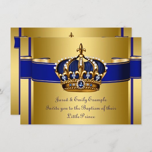 Invitation Baptême royal bleu et or (Devant / Derrière)