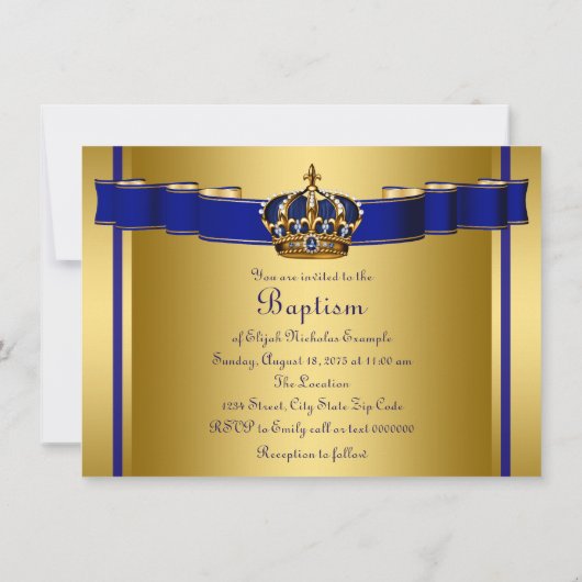 Invitation Baptême royal bleu et or (Dos)