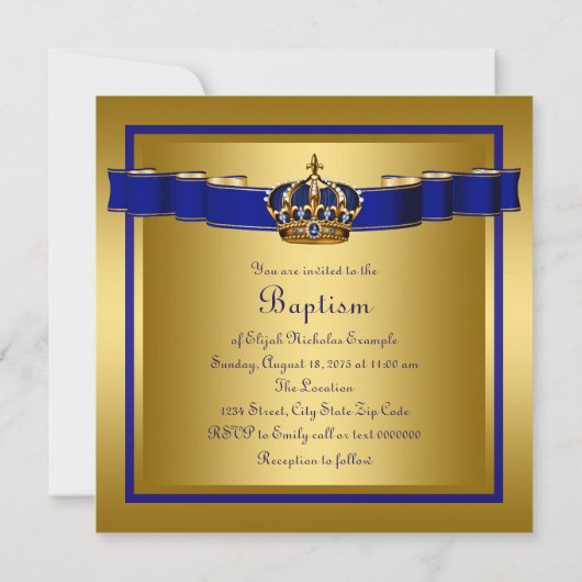 Invitation Baptême royal bleu et or (Dos)