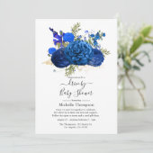 Invitation Baptême Royal Bleu et Or à Faux Feuille Dorée (Debout devant)