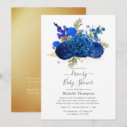 Invitation Baptême Royal Bleu et Or à Faux Feuille Dorée (Devant / Derrière)