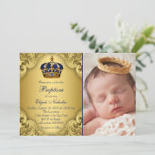 Invitation Baptême Royal Blue Gold Prince Crown (Debout devant)