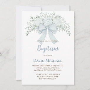 Invitation Baptême ruban floral bleu pastel