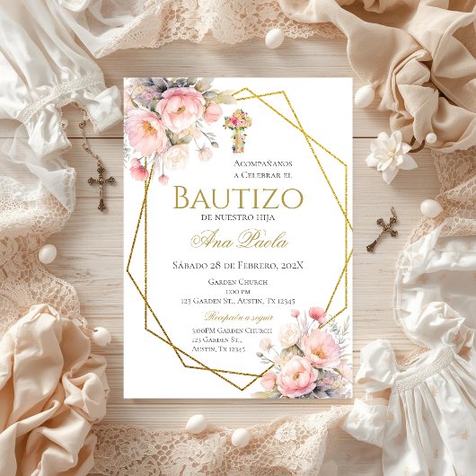 Invitation Baptême Ruban Rose Espagnol