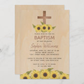 Invitation Baptême rustique Bois Croix Tournesols (Devant / Derrière)
