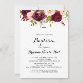 Invitation Baptême Rustique Brousse Bourgogne Florale Calligr (Devant)