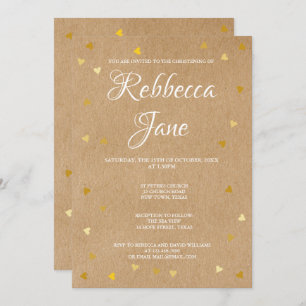 Invitation Baptême rustique Christening Gold Hearts