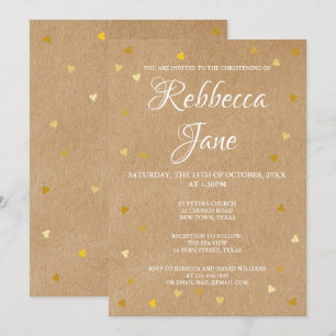 Invitation Baptême rustique coeurs dorés