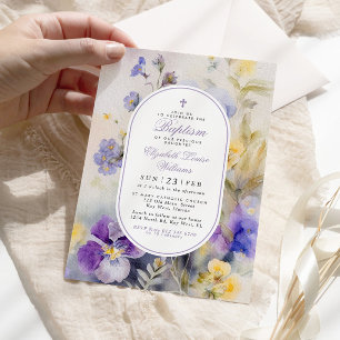 Invitation Baptême rustique Élégant Violet & Fleurs Jaunes