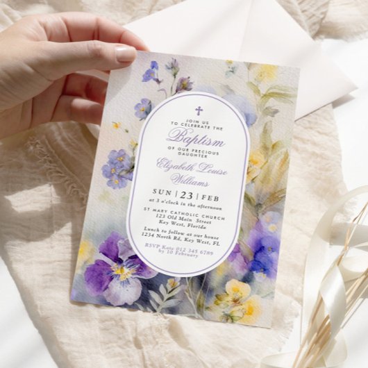 Invitation Baptême rustique Élégant Violet & Fleurs Jaunes