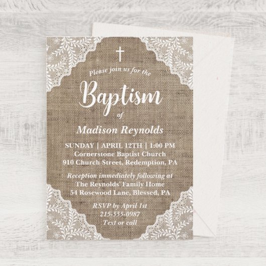 Invitation Baptême rustique et croix de dentelle blanche