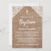 Invitation Baptême rustique et croix de dentelle blanche (Devant)
